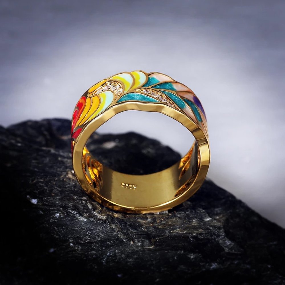 S925 Silver plated multi color fashion ring with golden color feathering. - Picture 11 of 12